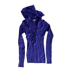 LIV-ON Y2K Purple Ribbed Hooded T-Shirt with Tie in Front | M